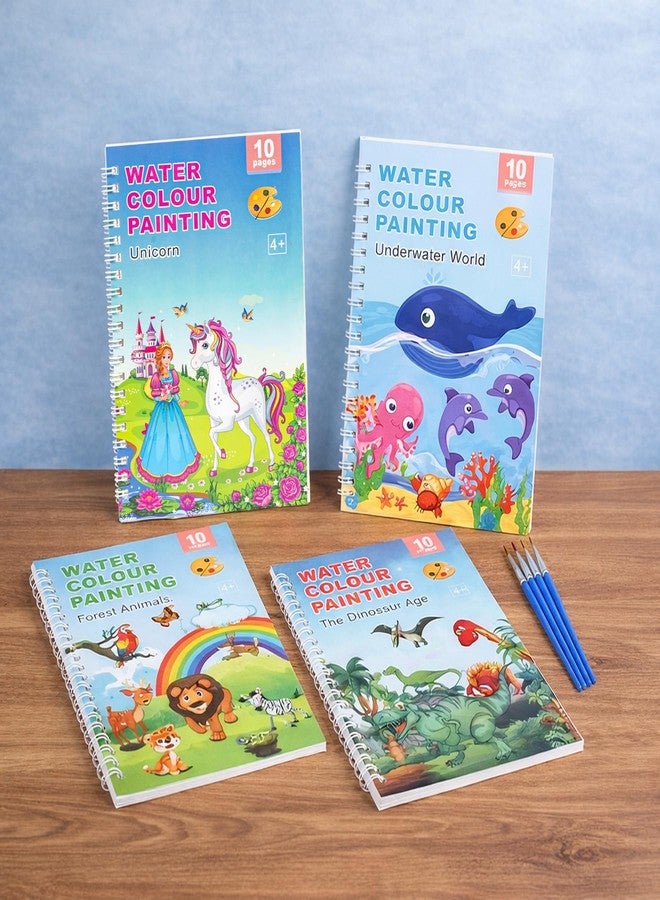 Wishkey Water Colour Paint Set Notebook Pack of 4 for Kids Age 4+ | Magic Water Painting Book with Brush | Reusable Coloring Book for Toddlers | Unicorn, Dinosaur, Forest Animals & Underwater World - Image 4